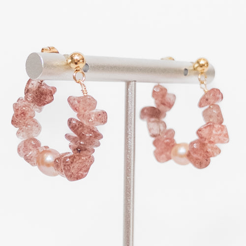 Aretes Arracada de Cuarzo Fresa y Perla Natural