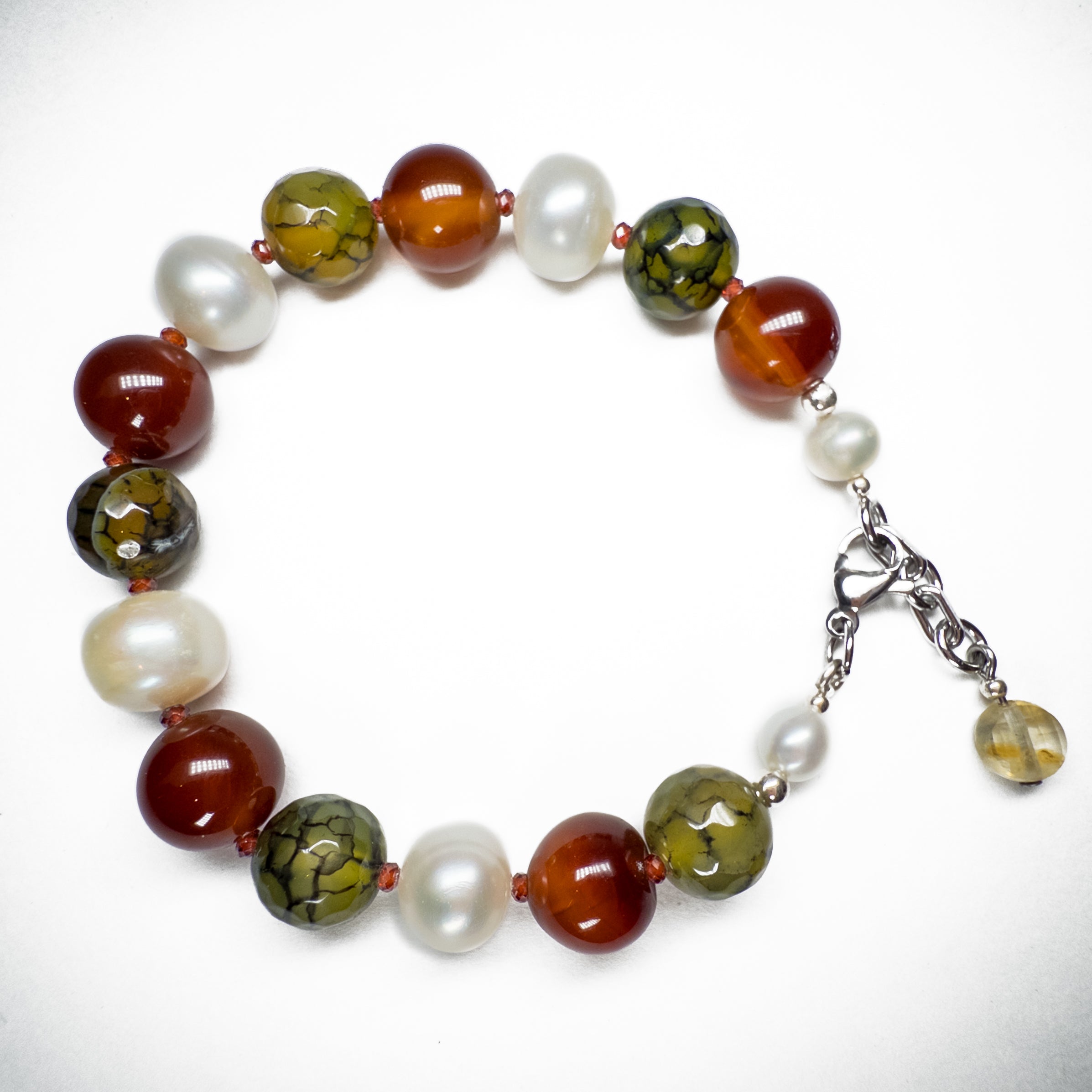 Pulsera de Ágata Cornalina, Ágata Verde y Perlas