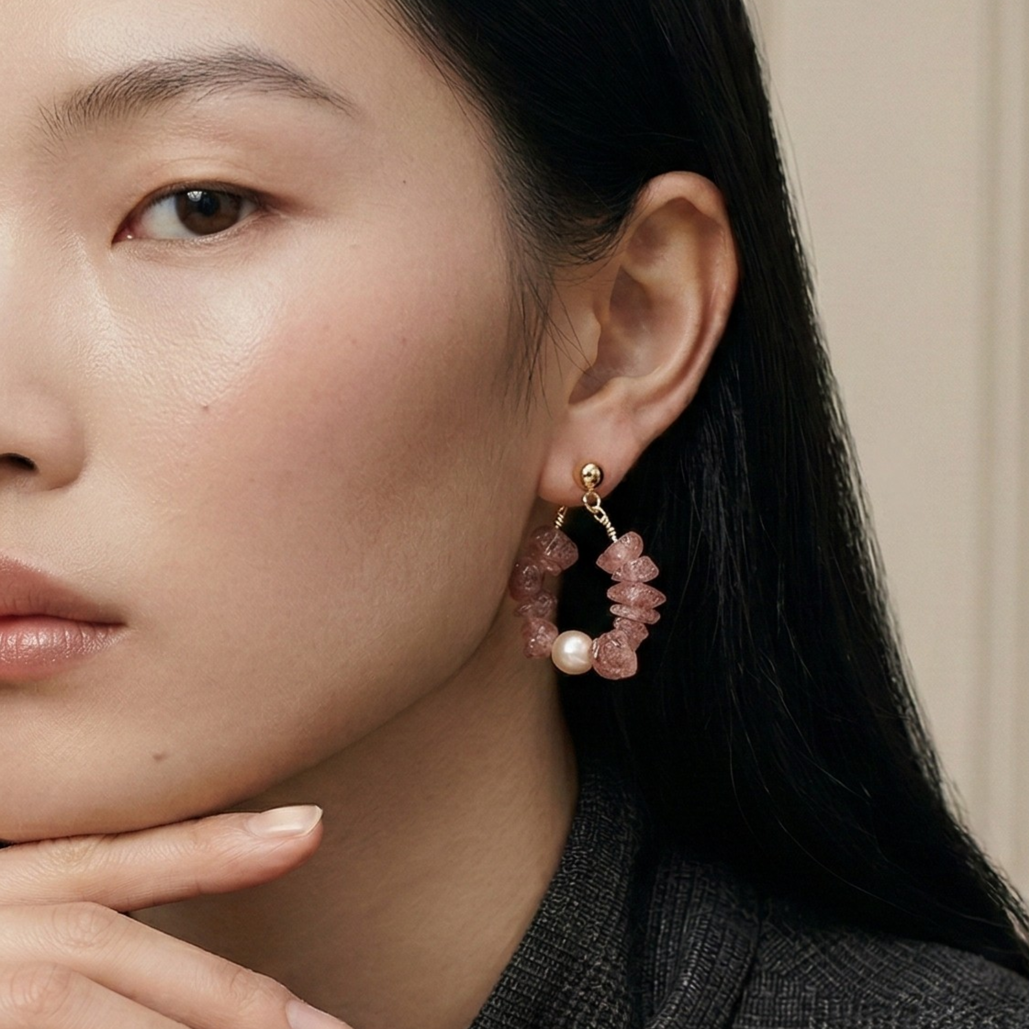 Aretes Arracada de Cuarzo Fresa y Perla Natural